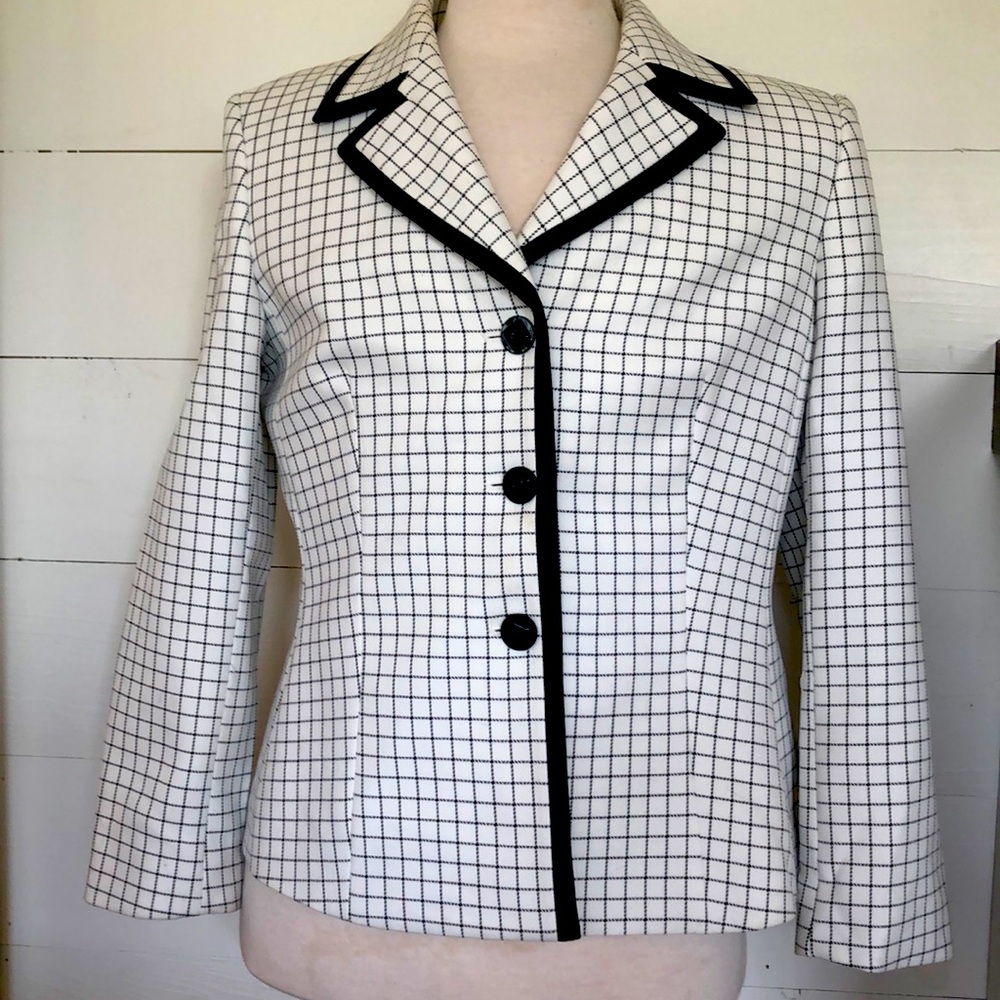 Evan Picone Ivory and Black Windowpane Blazer Suit Jacket Size 14P